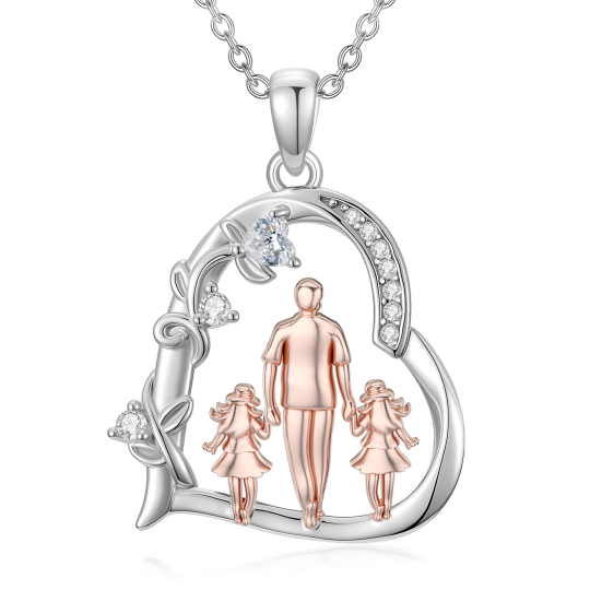10K Silver & Rose Gold Cubic Zirconia Father & Daughter Pendant Necklace